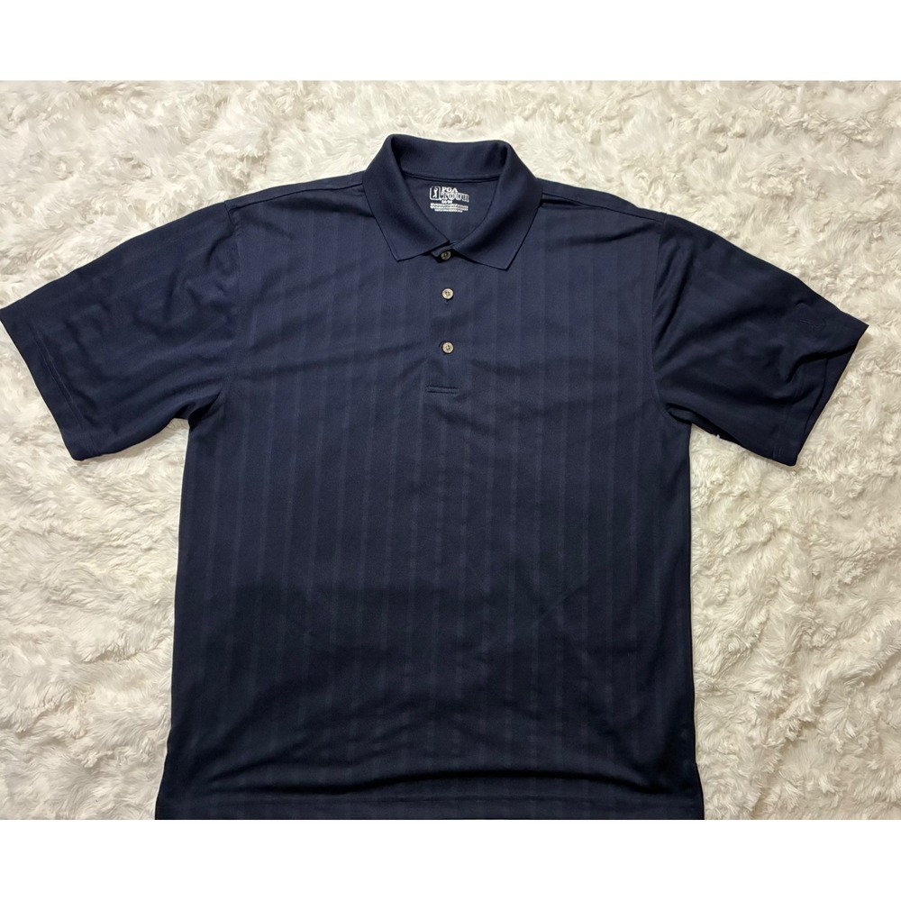 PGA Tour Mens Navy Blue Shadow Stripe‎ Golf Polo Shirt Size Medium Short Sleeve